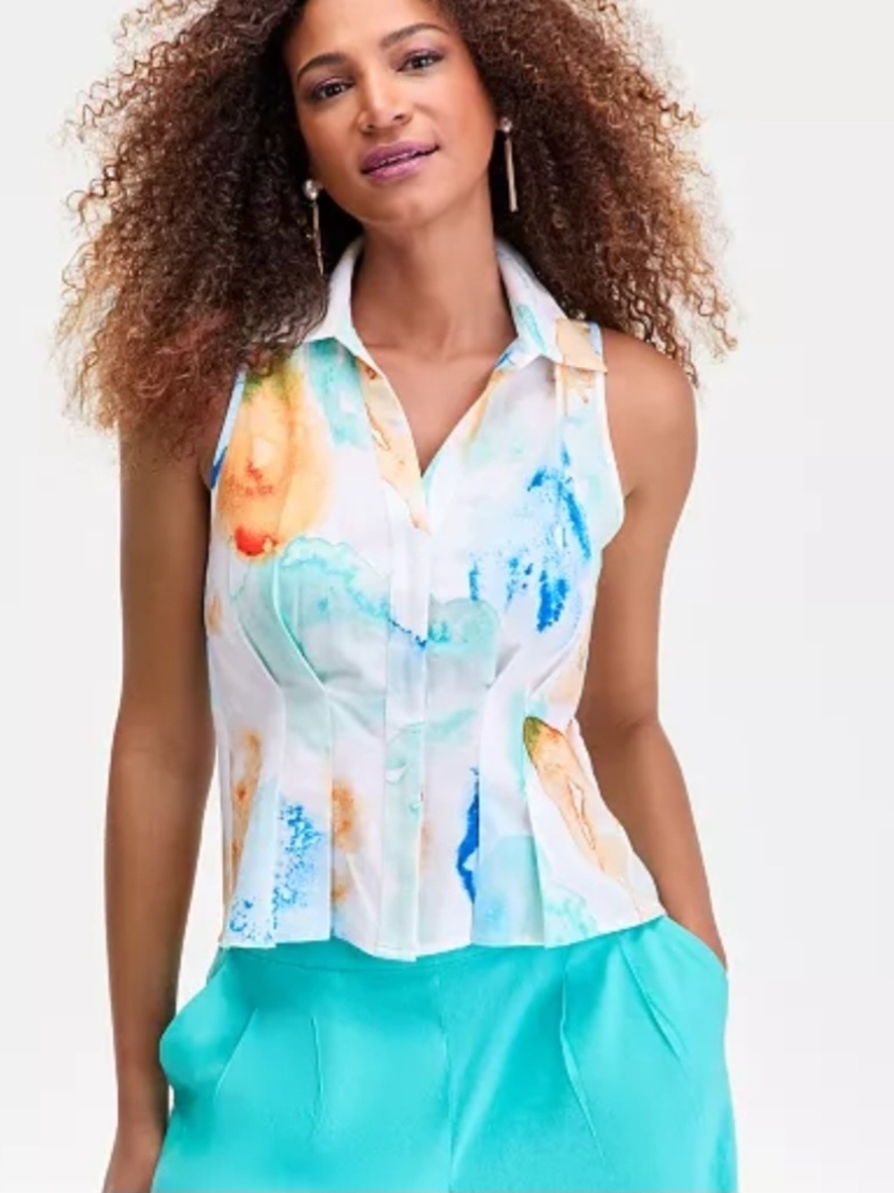 INC Women's Sleeveless Printed Button-Down Shirt Cotton Size L